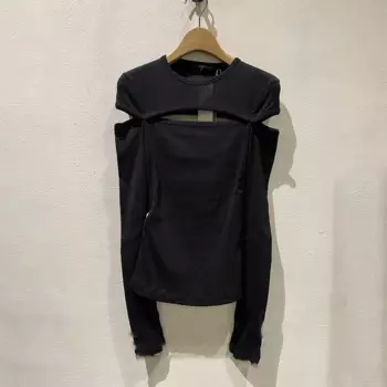 Новинка весна-лето 2024, черная женская футболка с круглым вырезом и длинным рукавом