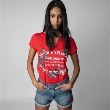 Новинка весна-лето 2024, Классическая футболка во французском стиле ZV с буквенным принтом и цветочной вышивкой, с U-образным вырезом и коротким рукавом, женская футболка