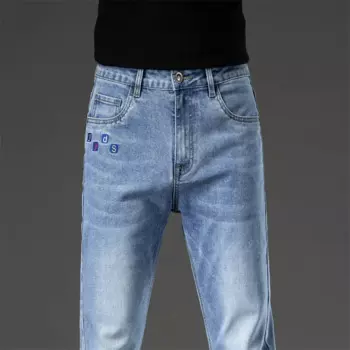 Новинка весна-лето 2024, мужские прямые Молодежные джинсы, простые повседневные облегающие Стрейчевые брюки, классические мужские высококачественные бриллиантовые синие брюки