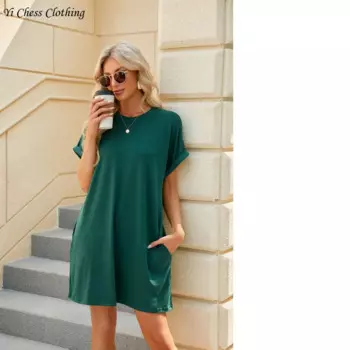 Новинка весна-лето 2024 однотонное свободное платье с круглым вырезом и коротким рукавом