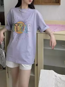 Новинка весна/лето свободная Универсальная футболка с коротким рукавом и принтом солнца