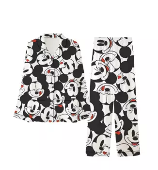 Новинка весна-осень 2024, розовая рубашка-поло с мультяшным принтом, женский домашний пижамный комплект с длинным рукавом, Disney