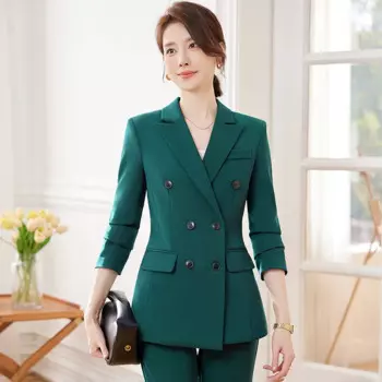 Новинка весна-осень 2024, зеленый Профессиональный простой маленький костюм с длинным рукавом, куртка с воротником, женские брюки, модный костюм из двух предметов