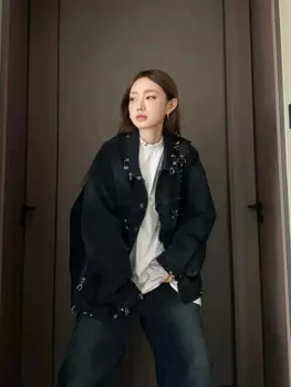 Новинка весны 2024SS роскошная женская Высококачественная ковбойская джинсовая Свободная куртка женская шикарная верхняя одежда пальто