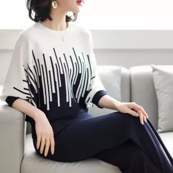 Новинка весны и осени для матери среднего возраста Модный комплект из двух предметов для отдыха среднего и пожилого возраста костюм с рукавом летучая мышь из семи точек