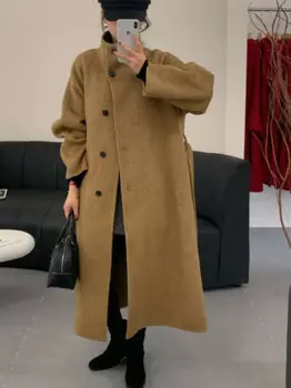 Новинка весны Корейская версия дизайнерское свободное двустороннее кашемировое пальто с воротником-стойкой женское Красное приталенное пальто с поясом