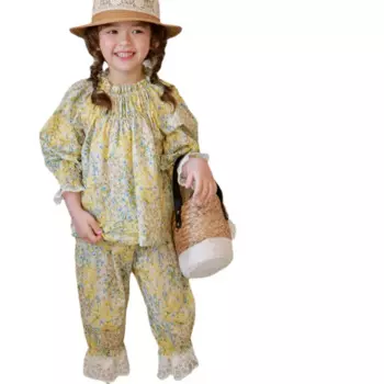 Новинка весны, корейские комплекты одежды для маленьких девочек, блузки с цветочным принтом и оборками, детская юбка + брюки, костюм для девочек CC098