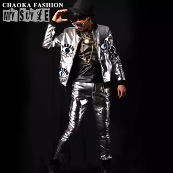 Новинка весны мужская одежда модные серебряные большие очки мозаичная бейсбольная кожаная куртка Мужские костюмы для певицы в стиле хип-хоп