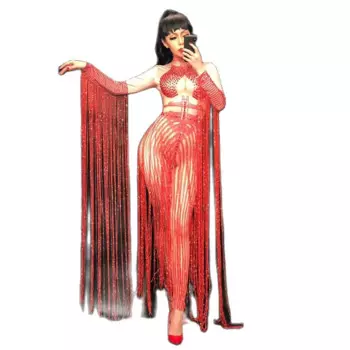 Новинка, женские длинные красные комбинезоны с кисточками, красные стеклянные Блестящие кристаллы, одежда для ночного клуба и вечеринки, одежда для сцены, костюм певицы, танцора