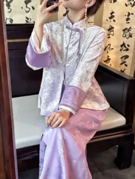 Новинка, женский роскошный костюм в китайском стиле, осенний комплект из двух предметов с рисунком, круглым вырезом, пряжкой и юбкой с рисунком, костюм Тан