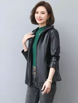 Новинка, женское кожаное пальто с капюшоном на весну и осень, Повседневная модная Свободная верхняя одежда из овечьей шкуры, Женская куртка для мамы