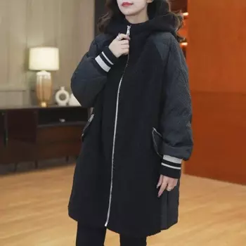 Новинка, Женское пальто из овечьей шерсти на хлопковом наполнителе, осенне-зимняя теплая стеганая куртка, Женская Длинная Верхняя одежда с капюшоном