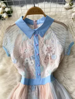 Новинка, женское платье с цветочной вышивкой, женская одежда, великолепное Сетчатое лоскутное плиссированное платье с коротким рукавом и высокой талией