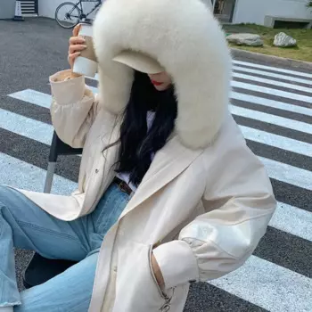 Новинка Зима 2023, пальто из натурального Лисьего меха с воротником, Женская Съемная парка, женское свободное теплое пальто с капюшоном