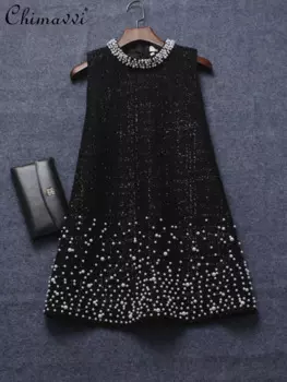 Новинка Зима 2023, женское модное элегантное платье с круглым вырезом и бусинами, женское модное ТРАПЕЦИЕВИДНОЕ приталенное шерстяное платье-майка с высоким воротником