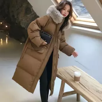 Новинка Зима 2024, Женская длинная стеганая куртка на хлопковом наполнителе, женское толстое пуховое пальто свободного покроя с капюшоном