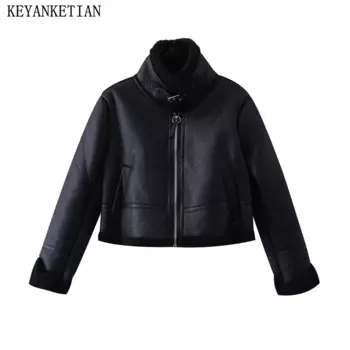 Новинка, зимняя женская куртка KEYANKETIAN с черным мехом, воротник-хомут, кожаная куртка в винтажном стиле на молнии, Короткая Толстая куртка из искусственной кожи с подкладкой