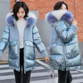 Новинка, зимняя женская парка на молнии в стиле пэчворк, модная яркая плюшевая хлопковая куртка, плотное теплое Стеганое пальто с большим меховым капюшоном для женщин