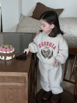 Новинка зимы 2024, детский плотный теплый комплект одежды, флисовый свитшот для мальчиков и девочек + штаны, костюм из 2 предметов, Детский костюм с надписью, большие размеры