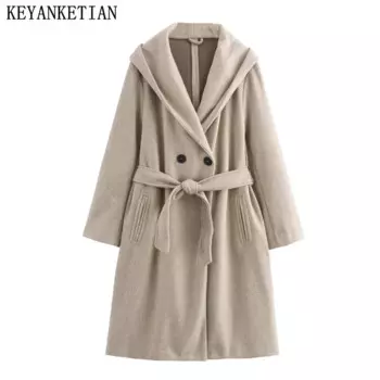 Новинка зимы 2024, Женское шерстяное пальто KEYANKETIAN с капюшоном, простое стильное двубортное однотонное плотное теплое пальто с карманами, верхняя одежда