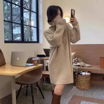 Новое длинное платье жареного теста, осенне-зимняя женская блузка, однотонный приятный на ощупь легкий пуловер с высоким воротником