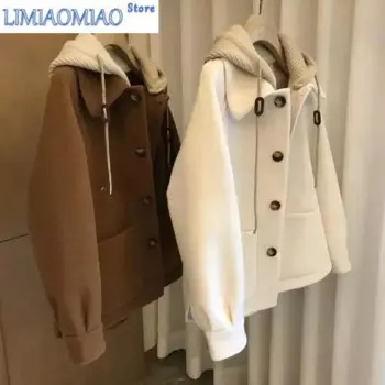 Новое коричневое зимнее теплое модное дизайнерское все в тон в стиле Хепберн, вязаное шерстяное пальто с капюшоном, женское однотонное пальто