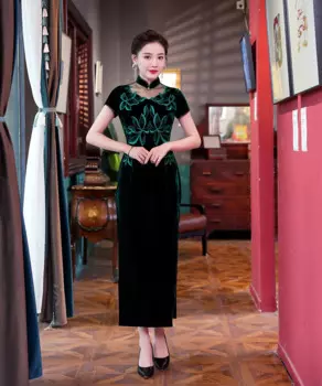 Новое модное элегантное бархатное длинное платье Cheongsam с вышивкой в стиле ретро