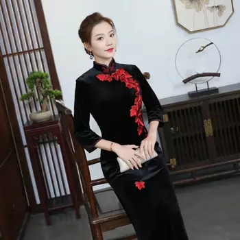 Новое модное элегантное корейское бархатное длинное платье Cheongsam с ручной вышивкой в стиле ретро