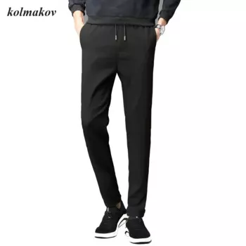 Новое поступление 2024, стильные мужские брюки для отдыха, модные повседневные однотонные брюки-карандаш с памятью, мужские облегающие брюки с эластичным поясом, размеры M-4XL