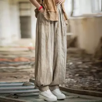 Новое поступление 2024, весенне-осенний художественный стиль, женские свободные повседневные брюки с эластичной резинкой на талии, винтажные хлопковые широкие брюки с двойными карманами