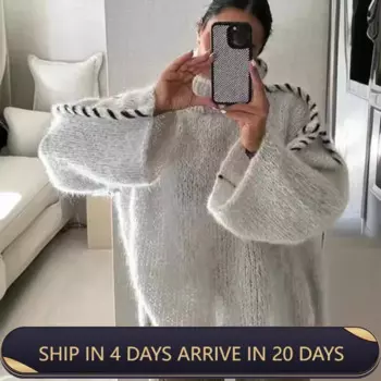 Новое поступление 2024 весенний европейский и американский модный Свободный Повседневный контрастный вязаный свитер с воротником для женщин