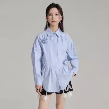 Новое поступление 2024, высококачественный кардиган с длинными рукавами и отложным воротником, плиссированная женская рубашка с трехмерными цветами