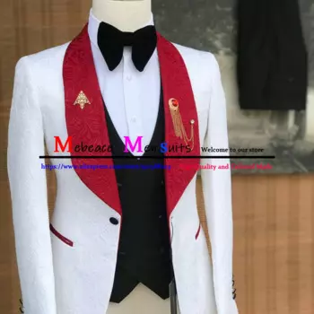 Новое поступление, Белый Жаккардовый мужской костюм для свадьбы, цвет Бургунди, смокинг для жениха, 3 предмета, Блейзер, жилет, брюки, облегающий мужской костюм