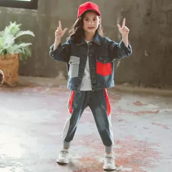 Новое поступление, Модный комплект джинсовой одежды для девочек, 2 шт., весенне-Осенняя детская повседневная комбинированная куртка + джинсы, детская одежда P281