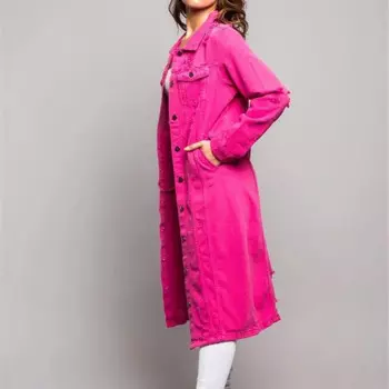 Новое поступление, осенне-зимняя модная длинная розовая джинсовая куртка с дырками, плащ, кардиган, джинсовое платье-накидка, женское платье с длинным рукавом