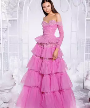 Новое поступление, сексуальные розовые модные вечерние платья с открытыми плечами и длинными рукавами