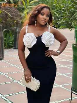 Новое поступление, женское сексуальное облегающее платье-миди без рукавов с 3D цветком и жемчугом