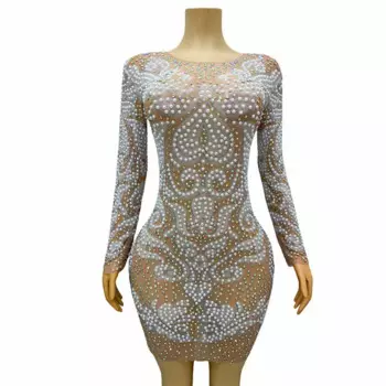 Новое сексуальное Сетчатое платье с жемчугом, Роскошные платья с блестками, эластичное платье с кристаллами, женская одежда, платье