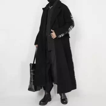 Новое шерстяное пальто для осени и зимы, мужская куртка в клетку в стиле пэчворк, длинная свободная шерстяная куртка до колена