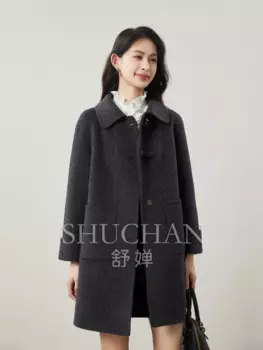 Новое шерстяное пальто из альпаки средней длины, двустороннее шерстяное пальто с роговой пряжкой 24, осенние и зимние пальто и куртки женские