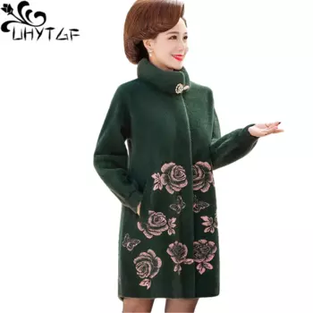 Новое шерстяное пальто UHYTGF из меха норки на осень и зиму, женская Свободная верхняя одежда средней длины, большие размеры 6XL, Повседневная теплая куртка для мам, 1351