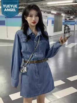 Новое весеннее женское джинсовое платье с длинным рукавом и высокой талией, трапециевидные платья, однобортное женское повседневное короткое платье с отложным воротником