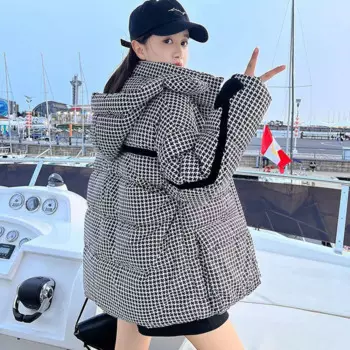 Новое Женское клетчатое пальто из хлопка, Свободное пальто Паркер с воротником-стойкой и капюшоном, зимняя теплая верхняя одежда, повседневная женская куртка с подкладкой