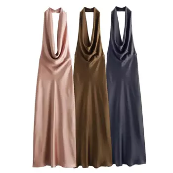 Новое женское модное плиссированное украшение, тонкое атласное платье миди с подвесным воротником, женское платье без рукавов в стиле ретро, Mujer