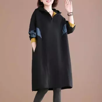 Новое женское платье средней длины с цветными блоками, свободная и плюшевая толстая толстовка с капюшоном большого размера