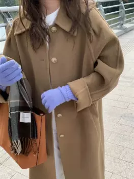Новое Женское шерстяное пальто, длинное однотонное двухстороннее свободное однобортное шерстяное пальто с лацканами на осень и зиму, Женская твидовая куртка