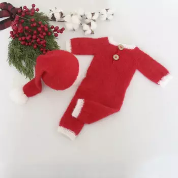 Новорожденный Новогодний костюм; Комбинезон с капюшоном; Длинный вязаный мохеровый кружевной капор Подставки для фотографий