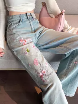 Новые летние элегантные модные повседневные женские джинсы с вышивкой, шикарные потертые винтажные свободные простые базовые прямые женские джинсы с высокой талией