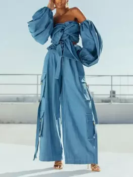 Новые модные джинсы из искусственного денима, женские свободные брюки с карманами, широкие брюки с высокой талией, уличные брюки