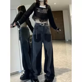 Новые модные высококачественные джинсы в стиле Ins, модный дизайн, стильные прямые цветные джинсы с коллидированием, узкие свободные брюки с высокой талией и широкими штанинами